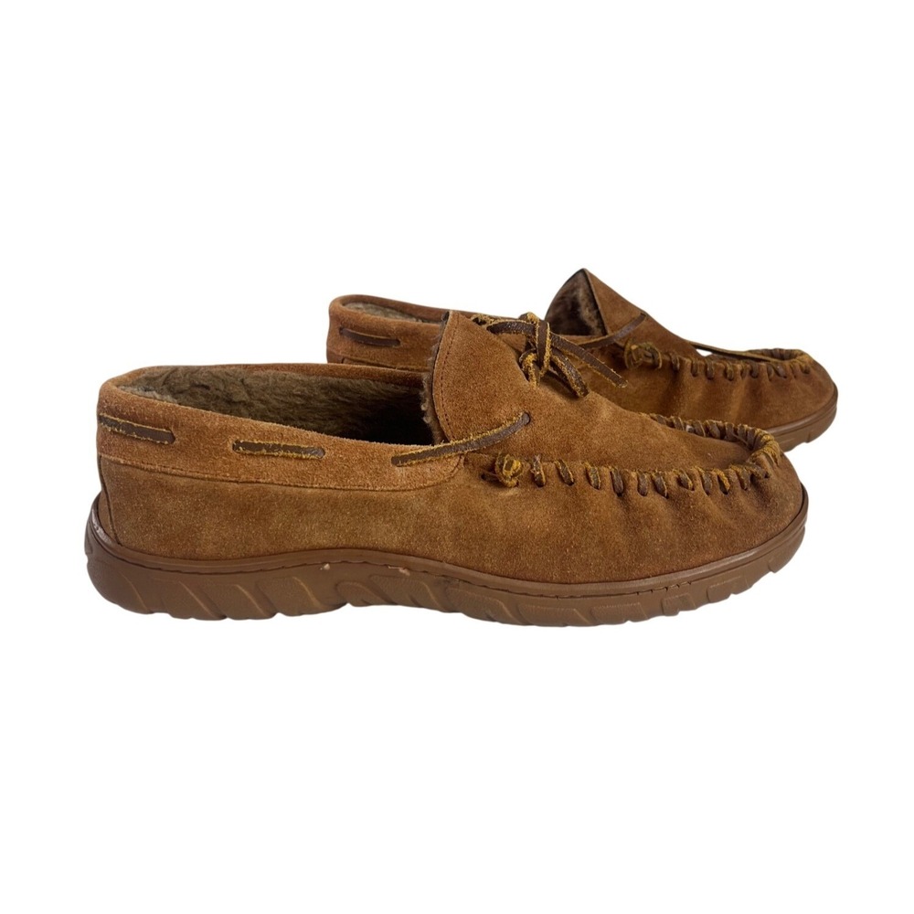 Chaps Mens Suede Moccasin Slippers Faux Fur Lining Size 10 Brown Durable Rubber